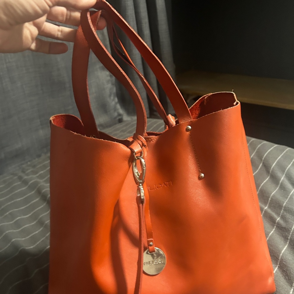 ITALIAN XL PULICATI SHOULDER SHOPPER TOTE BAG Red-orange saffiano leather - Picture 12 of 12